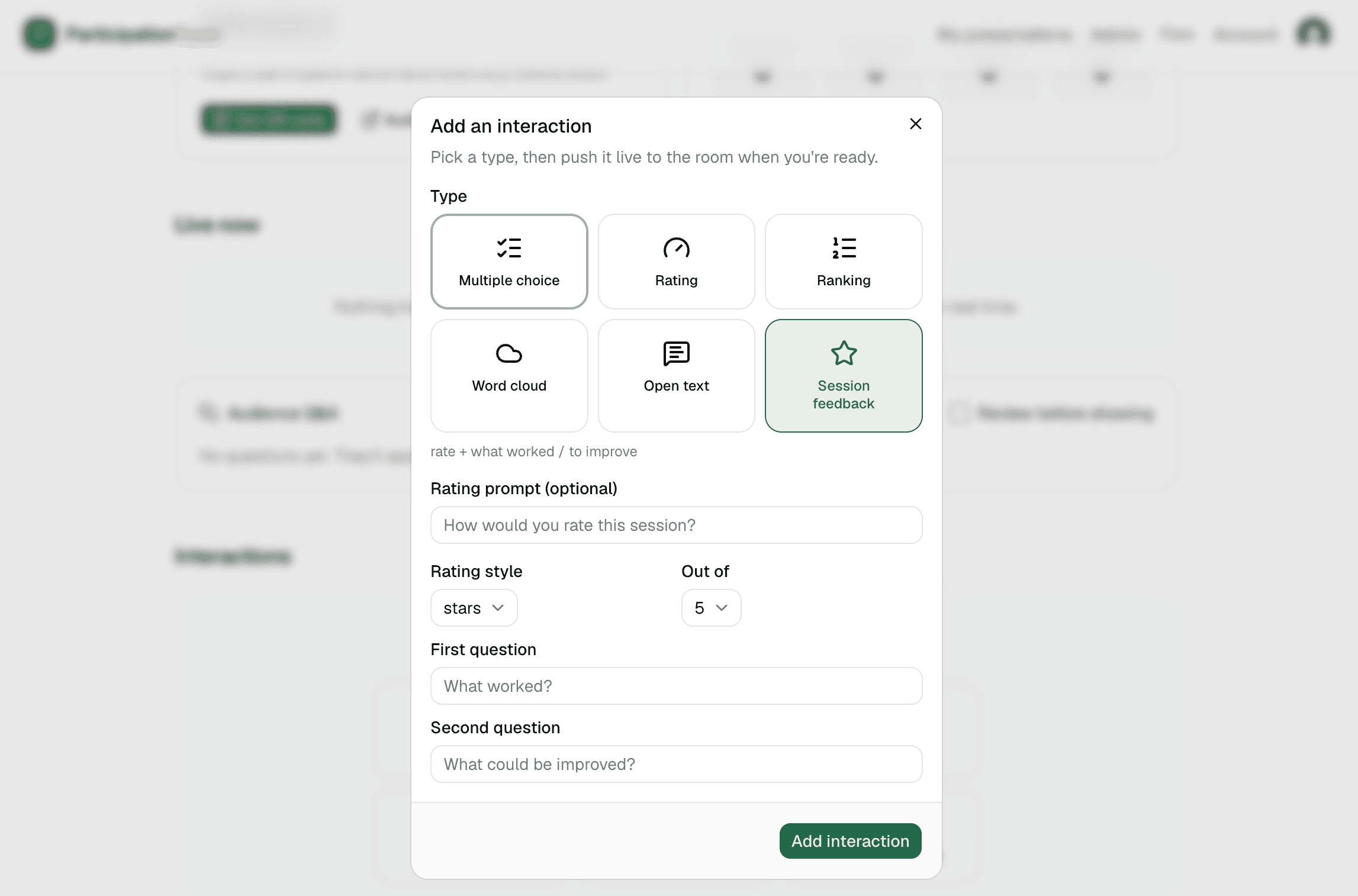 The ParticipationTown builder with the add-interaction dialog open - choosing a type like multiple choice, ranking, or session feedback.